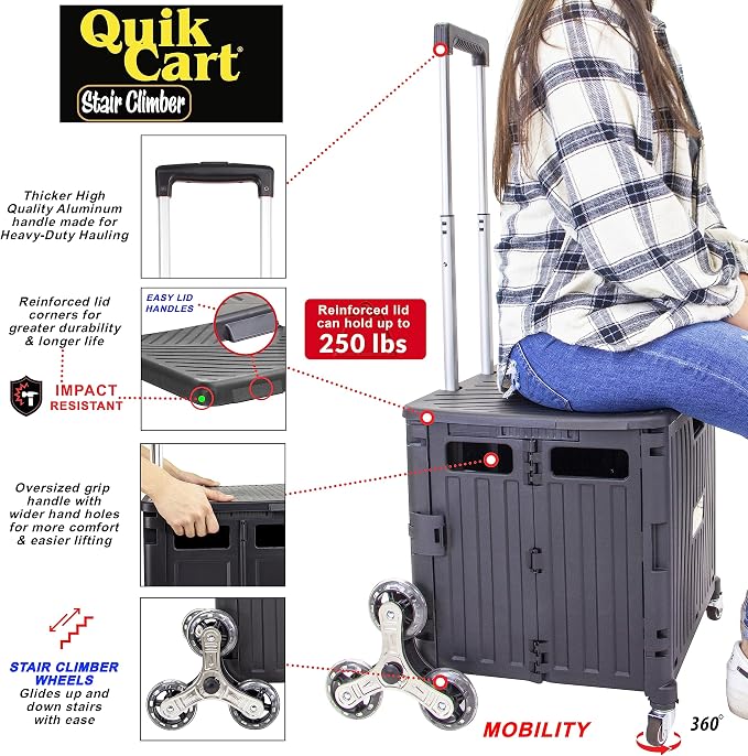dbest Products Quik Cart Stair Climber Wheeled Rolling Crate Teacher Utility with seat Heavy Duty Collapsible Basket with Handle, 18" D x 17" W x 39" H, Black | with Wheels, Up to 80 lbs Capacity, Heavy Duty, Telescoping Handle, Folding Utility Cart wi...