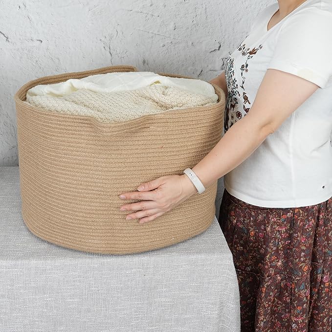 XUANGUO Extra Large Jute Rope Round Storage Basket 22" x 12" | Woven basket for blankets, toys, towels, laundry, nursery, living room and pet toy storage.