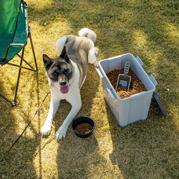 IRIS USA Dog Food Storage Container, Up to 30 lbs, Gray/Dark Gray | Made in the USA, Comes with 2-Cup Scoop, Stacklable, BPA-Free, 4 Secure Latches, Bird Seed, Chicken Feed, Pellets, Camping