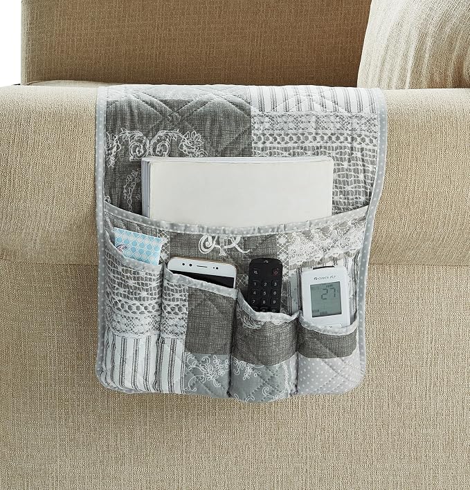 Brilliant Sunshine Grey Toile Floral Couch Armrest Cover, 35"×13" | Washable Magazine Holder, Armrest Organizer & Caddy on Sofa, Recliner, Armchair, Storage for Remote Controls, Phone, iPad