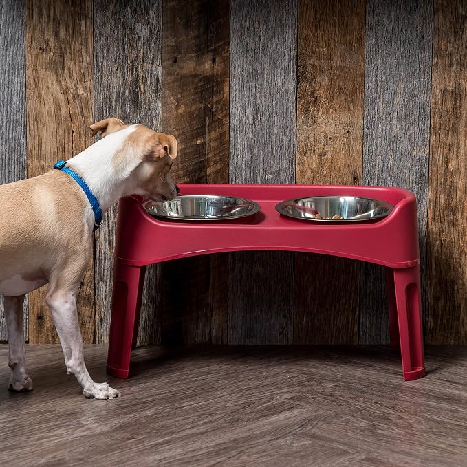 IRIS USA Elevated Dog Bowls, Dual Height 4.63" or 12.25" Made in USA, Black | Includes 2 Stainless Steel Bowls (64oz), Spill Guard, Height Adjustable, Non-Slip Feeder, Helps Reduce Neck Strain