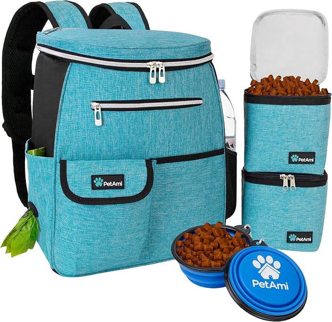 PetAmi Dog Travel Backpack 27L Airline Approved Pet Supplies Bag, Teal Blue | Cat Traveling Suitcase Organizer for Weekend Road Trip Camping; 2 Food Containers, 2 Collapsible Bowls & Poop Bag Dispenser