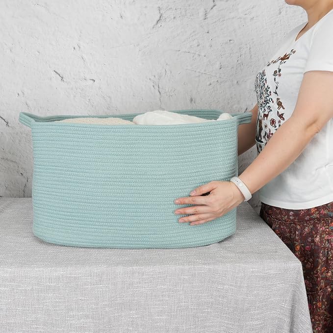 XUANGUO Large Rectangle Woven Cotton Rope Blanket Basket 22"x17"x12" Green