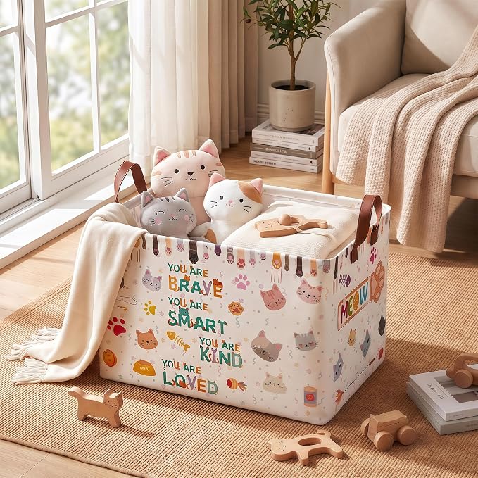 Cute Cat Toy Storage Basket,Square Toy Bin,Storage Bin for Pet Room Decor | Collapsible Nursery Storage Bin with Sturdy Handles for Clothes, Toys, Pillows, Living Room Bedroom Bathroom