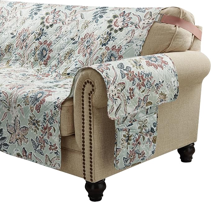 Brilliant Sunshine Green Vintage Flowers Loveseat Cover, 54" seat | Quilted Sofa Cover, Living Room & Bedroom Furniture Protector, Large Washable Love Seat Slipcover for Pets, Dogs & Cats