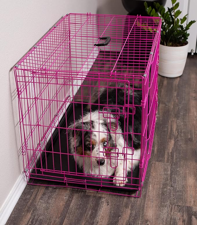 Internet's Best Wire Dog Crate for Dogs - Double Door Metal Steel Crate, Indoor Folding & Collapsible Cage, Secure & Durable, Portable Travel Kennel, Ideal for Home Use - Pink, 36 Inches