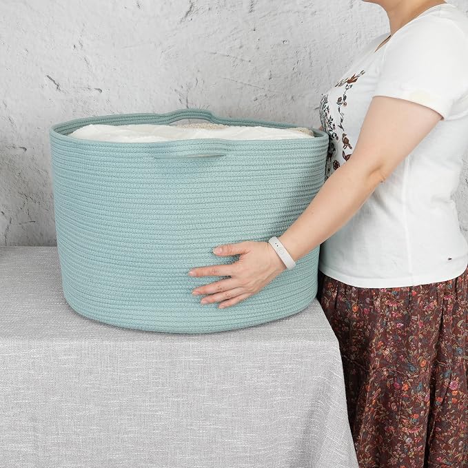 XUANGUO Extra Large Cotton Rope Round Storage Basket 22" x 14" Light Green | Woven basket for blankets, toys, towels, laundry, nursery, living room and pet toy storage.