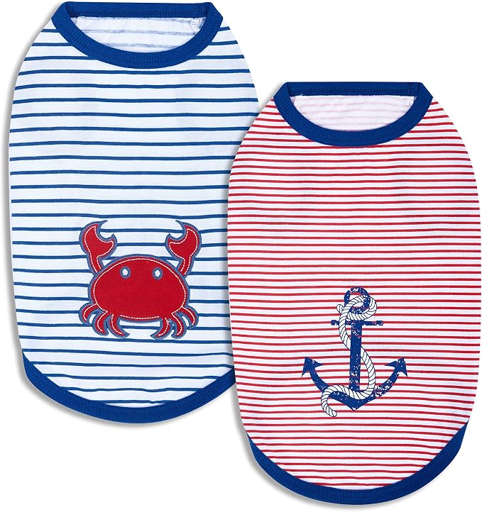 Blueberry Pet Soft & Comfy Summer Vacation Beach Cotton Dog T-Shirts, 2 Pack, Sunshine Sea Lover Striped Shirts Tank Top Clothes, Back Length 14", for Small Medium Dogs