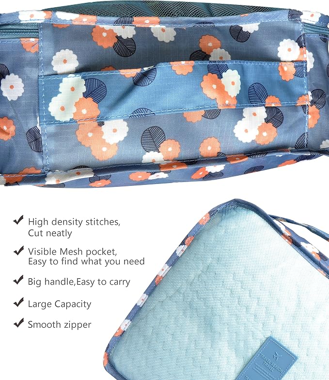 Vercord 7 Set Travel Packing Organizers Cubes Luggage Suitcase Organizer Bags Clothes Underwear Cube Shoe Pouch Pack Blue Flower