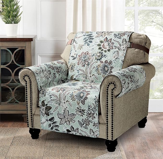 Brilliant Sunshine Green Vintage Flowers Couch Armchair Cover, 23" seat | Quilted Sofa Cover, Living Room & Bedroom Furniture Protector, Washable Chair Slipcover for Pets, Dogs & Cats