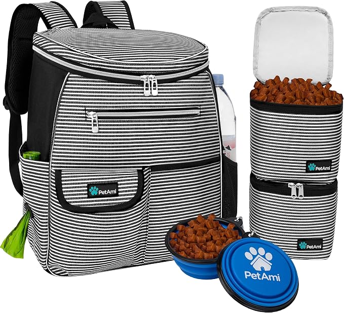 PetAmi Dog Travel Backpack Airline Approved Pet Supplies Bag, Stripe Black | Cat Traveling Suitcase Organizer for Weekend Road Trip Camping; 2 Food Containers, 2 Collapsible Bowls & Poop Bag Dispenser