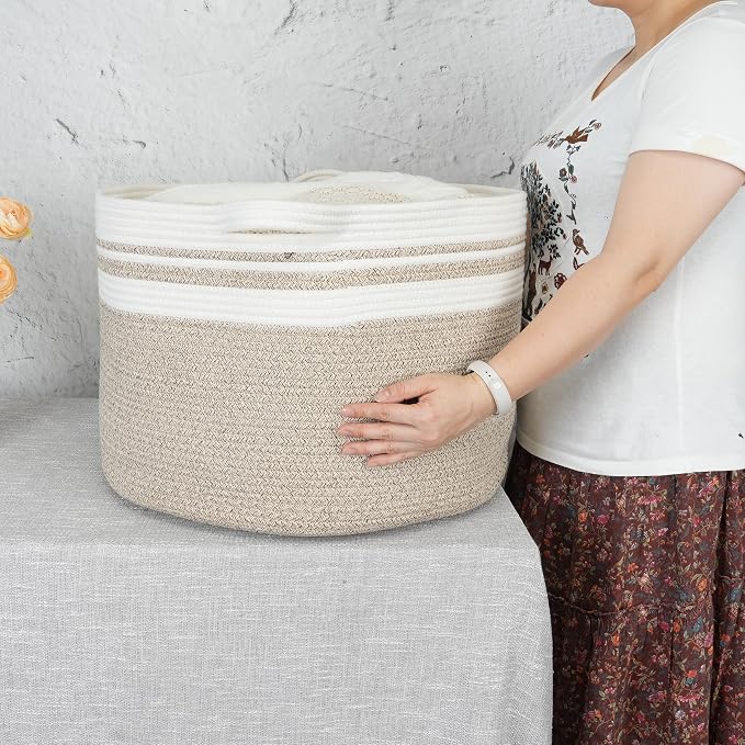 XUANGUO Extra Large Cotton Rope Round Storage Basket 22" x 14" | Woven basket for blankets, toys, towels, laundry, nursery, living room and pet toy storage.