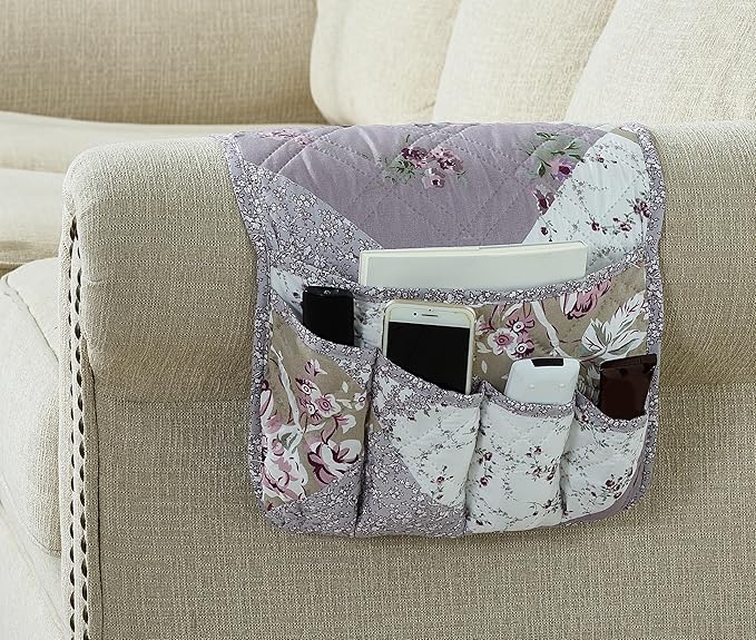 Brilliant Sunshine Lilac & Beige Roses Couch Armrest Cover, 35"×13" | Washable Magazine Holder, Armrest Organizer & Caddy on Sofa, Recliner, Armchair, Storage for Remote Controls, Phone, iPad