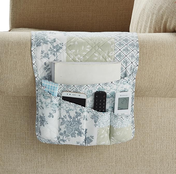 Brilliant Sunshine Blue & Beige Floral Couch Armrest Cover, 35"×13" | Washable Magazine Holder, Armrest Organizer & Caddy on Sofa, Recliner, Armchair, Storage for Remote Controls, Phone, iPad