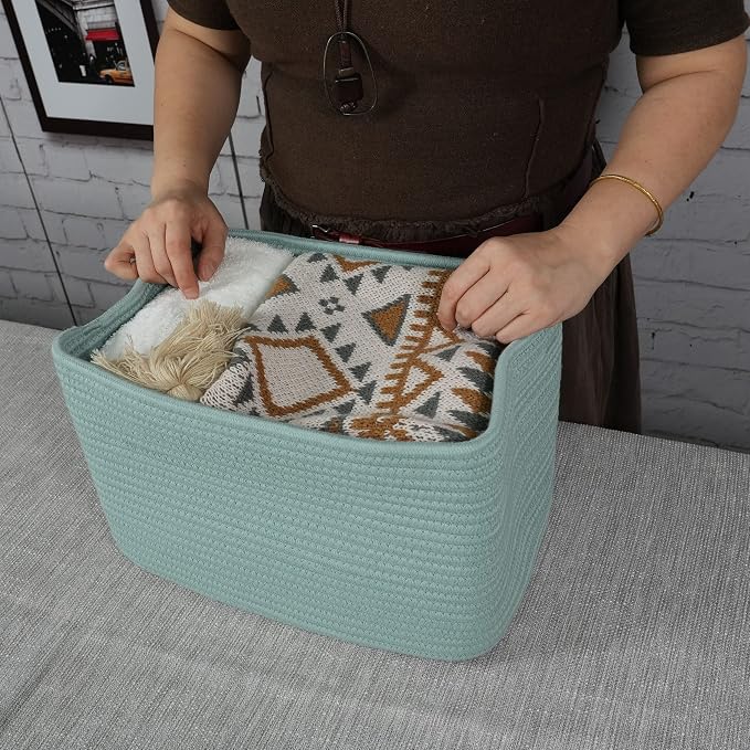 XUANGUO Woven Cotton Rope Storage Baskets 15x10x9.3" 3 Pack Green | Decorative rectangular storage baskets for shelves and closets; storage bins organize clothes, toys, books and nursery items.