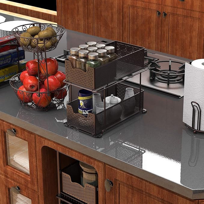 Simple Houseware 2 Tier Sliding Cabinet Basket Organizer Drawer, Bronze