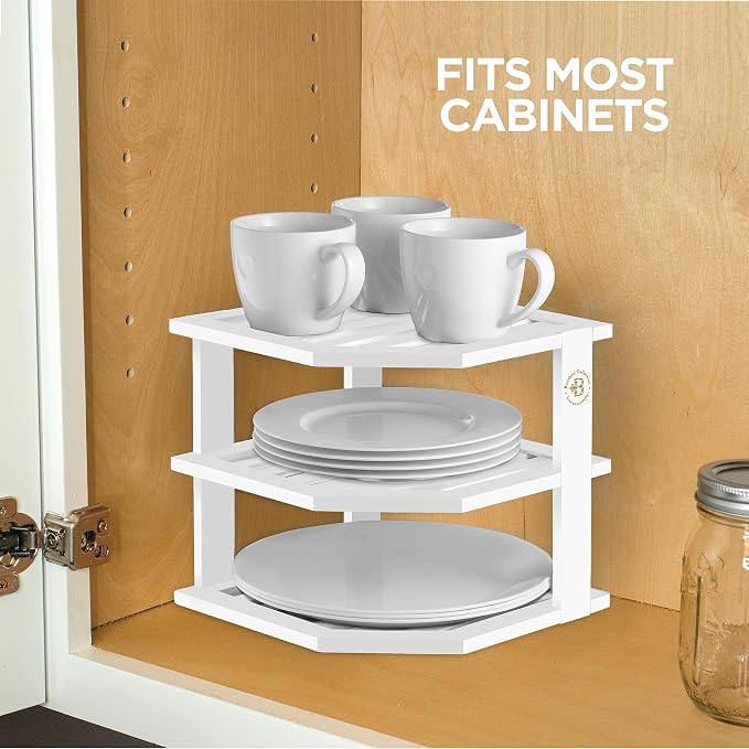 White Plate Organizer for Cabinet - 3 Tier Bamboo Corner Cabinet Organizer Shelf for Plates Bowls Mugs Cups, Kitchen Cabinet Organizer, Cabinet Shelf Organizer, Countertop Rack, 10 x 10 x 9.5 Inch