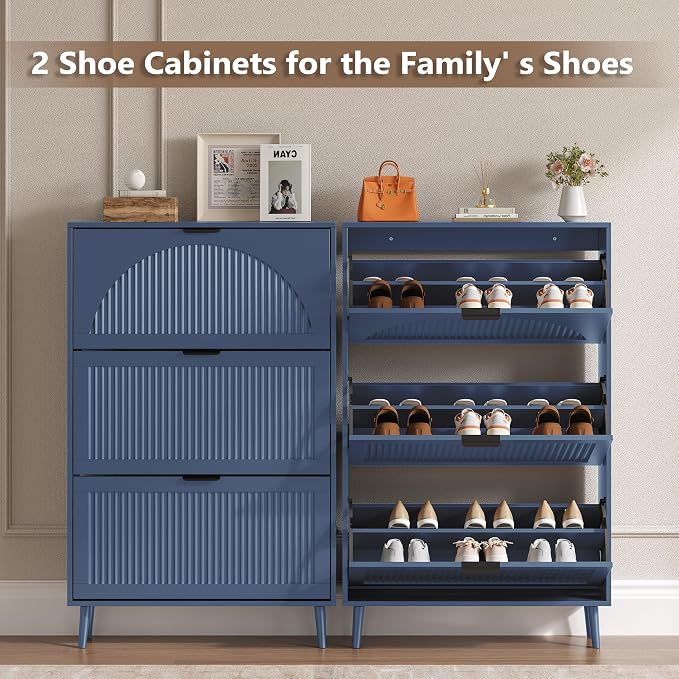 BORNOON Shoe Cabinet for Entryway with 3 Flip Drawers, Slim Wooden Shoe Storage Organizer with Modern Fluted Pannel，Freestanding Narrow Hidden Shoe Rack for Hallway, Foyer, Living Room
