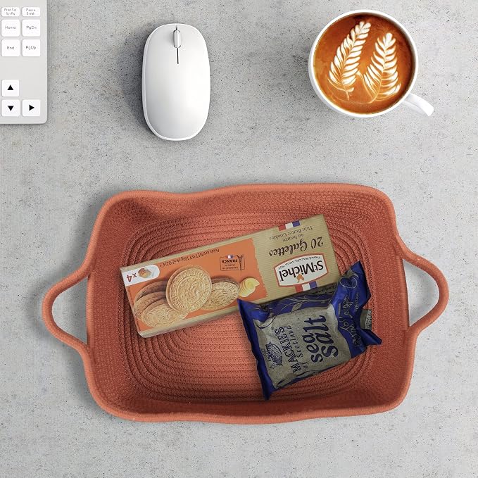 XUANGUO Medium Woven Cotton Rope Storage Basket with Handles, Rust | Small decorative rectangle storage bin for baby nursery items and cat toys; ideal as an empty gift basket or dog toy basket