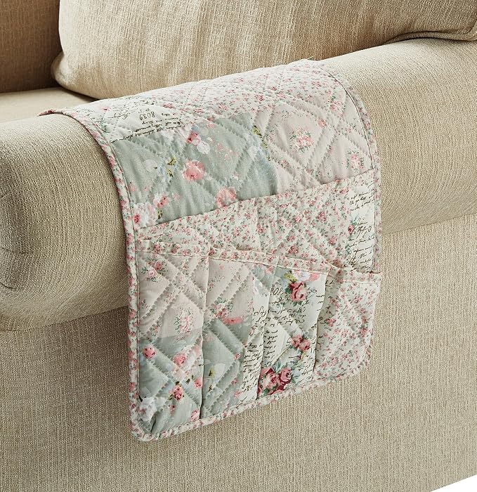 Brilliant Sunshine Soft Pink Rose & Sage Couch Armrest Cover, 35"×13" | Washable Magazine Holder, Armrest Organizer & Caddy on Sofa, Recliner, Armchair, Storage for Remote Controls, Phone, iPad