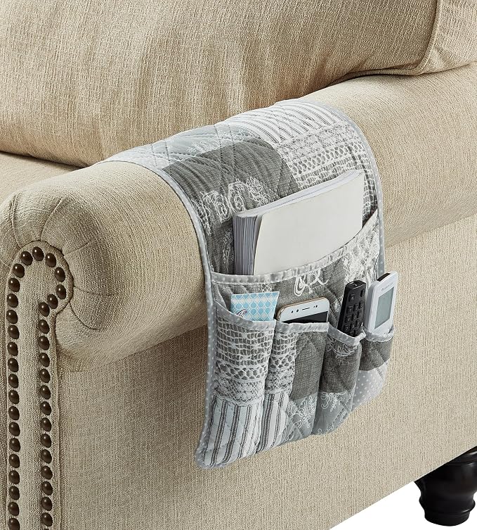 Brilliant Sunshine Grey Toile Floral Couch Armrest Cover, 35"×13" | Washable Magazine Holder, Armrest Organizer & Caddy on Sofa, Recliner, Armchair, Storage for Remote Controls, Phone, iPad