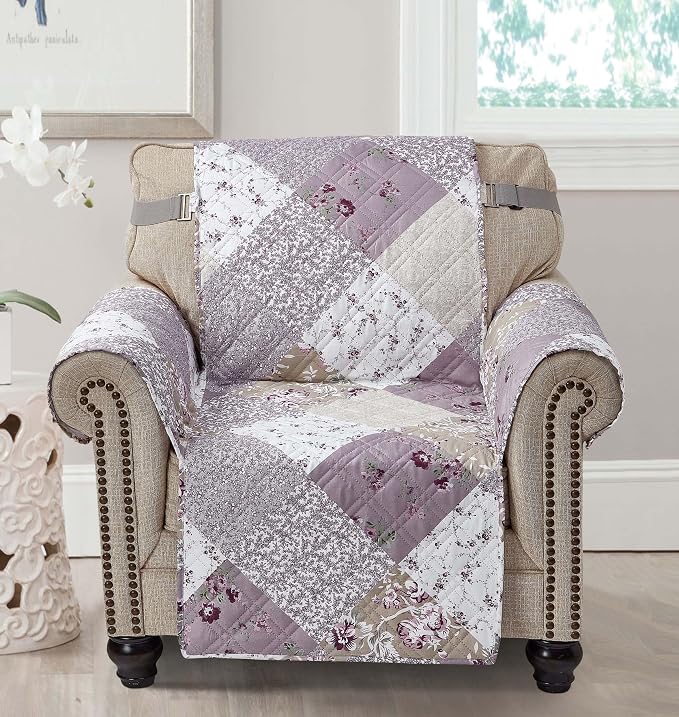 Brilliant Sunshine Lilac & Beige Roses Couch Armchair Cover, 23" seat | Quilted Sofa Cover, Living Room & Bedroom Furniture Protector, Washable Chair Slipcover for Pets, Dogs & Cats