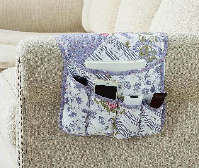 Brilliant Sunshine Rose Violet Patchwork Couch Armrest Cover, 35"×13" | Washable Magazine Holder, Armrest Organizer & Caddy on Sofa, Recliner, Armchair, Storage for Remote Controls, Phone, iPad