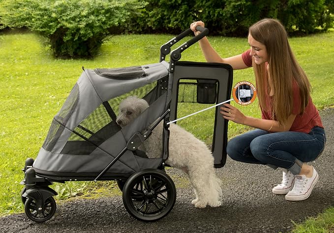 Pet Gear No-Zip Excursion Pet Stroller, Dark Platinum | Dual Entry, Push Button Zipperless Entry, For Single or Multiple Dogs/Cats, Gel-Filled Tires