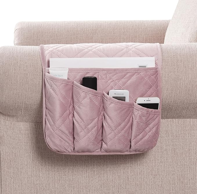 Brilliant Sunshine Silver Pink Velvet Velvet Couch Armrest Cover, 35"×13" | Washable Magazine Holder, Armrest Organizer & Caddy on Sofa, Recliner, Armchair, Storage for Remote Controls, Phone, iPad