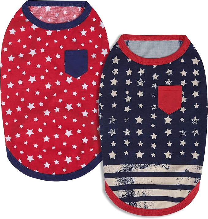 Blueberry Pet Pack of 2 Soft & Comfy Patriotic Spirit USA Stars Stripes American Flag Cotton Blend Dog T Shirts, Back Length 16", Clothes for Dogs