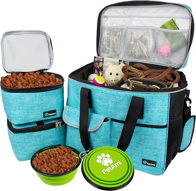 PetAmi Dog Travel Bag Organizer, Pet Supplies Diaper Tote, Teal Blue Large | Pet Travel Kit with 2 Food Containers & 2 Collapsible Dog Bowls, Luggage Sleeve, Weekend Getaway Road Trip Camping Essentials