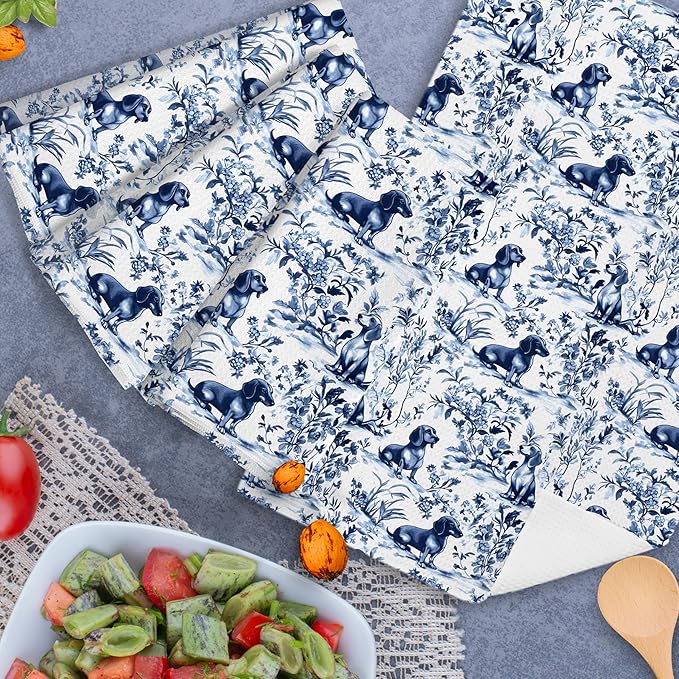 Chinoiserie Dachshund Kitchen Towels Set of 4,Blue and White Floral Botanical Dachshund Decorative Dish Tea Towels, Grandmillennial Weiner Dog Hand Towels for Kitchen Bathroom, 16x24 Inch