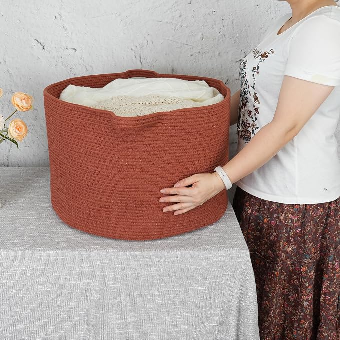 XUANGUO Extra Large Cotton Rope Round Storage Basket 22" x 14" Rustic | Woven basket for blankets, toys, towels, laundry, nursery, living room and pet toy storage.
