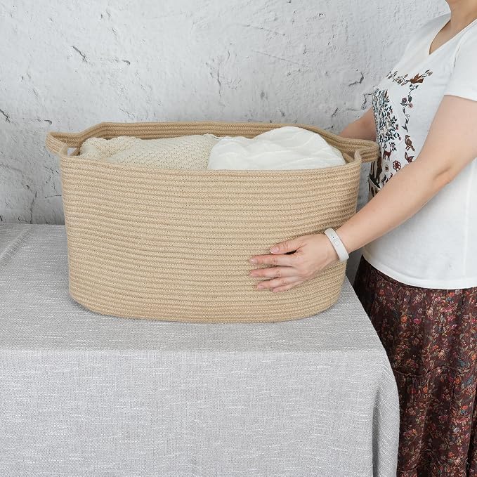 XUANGUO Large Rectangle Woven Jute Rope Storage Basket 22"x17"x12" | Storage basket for living room and nursery; blanket basket, dog toy storage, or laundry basket for clothes and towels.