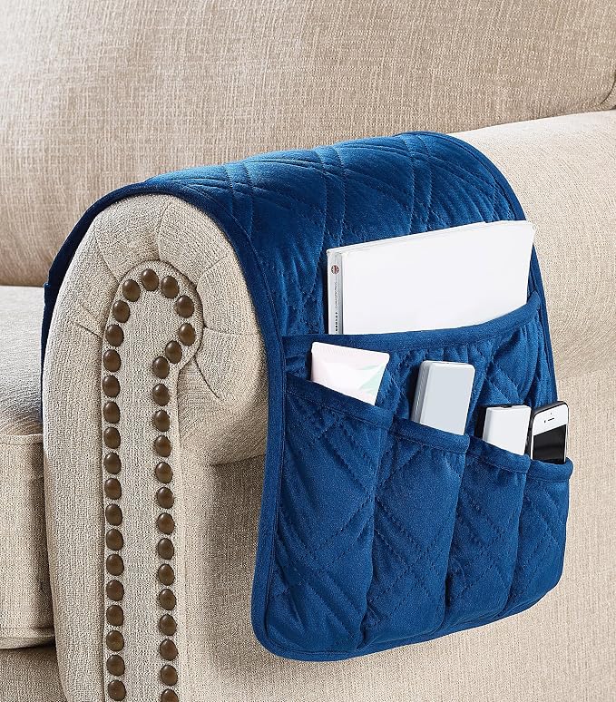 Brilliant Sunshine Dark Blue Velvet Couch Armrest Cover, 35"×13" | Washable Magazine Holder, Armrest Organizer & Caddy on Sofa, Recliner, Armchair, Storage for Remote Controls, Phone, iPad