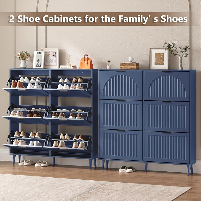 BORNOON Shoe Cabinet for Entryway with 6 Flip Drawers, Slim Wooden Shoe Storage Organizer with Modern Fluted Pannel，Freestanding Narrow Hidden Shoe Rack for Hallway, Foyer, Living Room