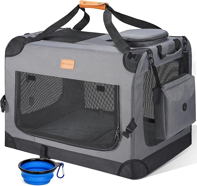 Morpilot 24-inch Portable Collapsible Dog Crate for Small Dogs up to 27lbs | Travel Dog Crate Soft-Sided with Foldable Bowl, Shoulder Strap & Storage Pockets, Grey