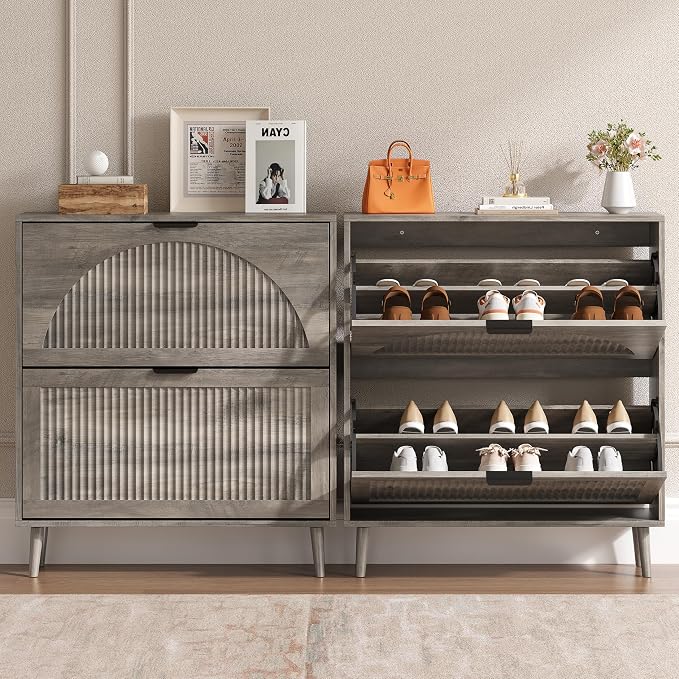 BORNOON Shoe Cabinet for Entryway with 2 Flip Drawers, Slim Wooden Shoe Storage Organizer with Modern Fluted Pannel，Freestanding Narrow Hidden Shoe Rack for Hallway, Foyer, Living Room