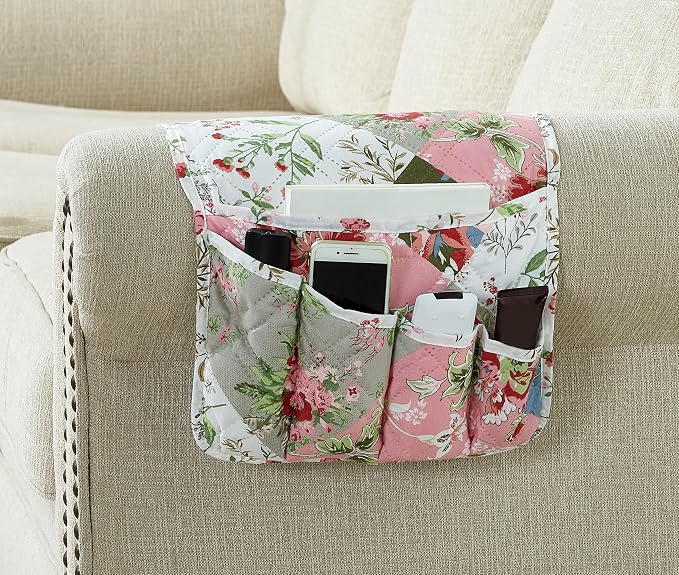 Brilliant Sunshine Peach Olive Patchwork Couch Armrest Cover, 35"×13" | Washable Magazine Holder, Armrest Organizer & Caddy on Sofa, Recliner, Armchair, Storage for Remote Controls, Phone, iPad