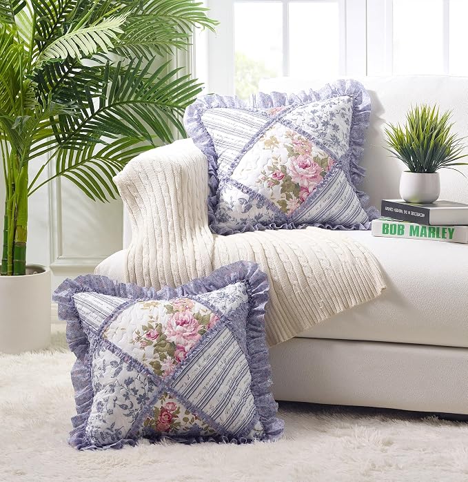 Brilliant Sunshine Rose Violet Ruffle Pillowshams Set, 18"x18" | Patchwork Design with Ruffles, Quilted Pillow Covers, Washable Throw Cushion Cases for Couchs and Beds, Pack of 2