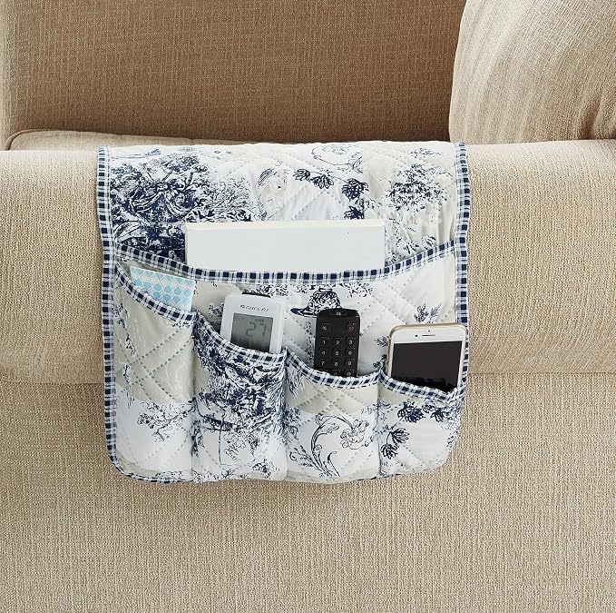 Brilliant Sunshine Blue & Beige Toile Couch Armrest Cover, 35"×13" | Washable Magazine Holder, Armrest Organizer & Caddy on Sofa, Recliner, Armchair, Storage for Remote Controls, Phone, iPad