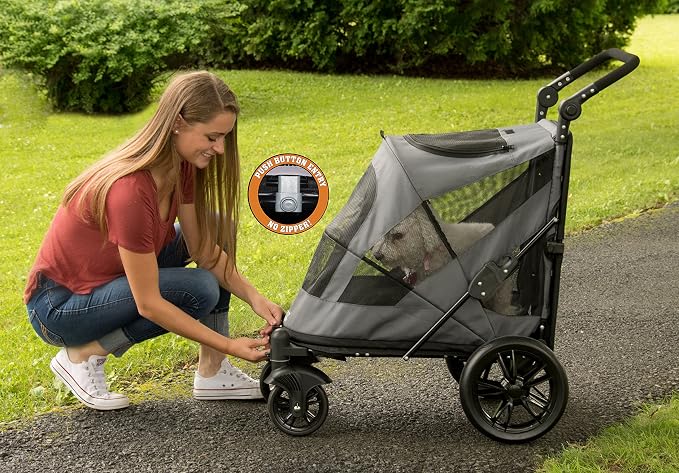 Pet Gear No-Zip Excursion Pet Stroller, Dark Platinum | Dual Entry, Push Button Zipperless Entry, For Single or Multiple Dogs/Cats, Gel-Filled Tires